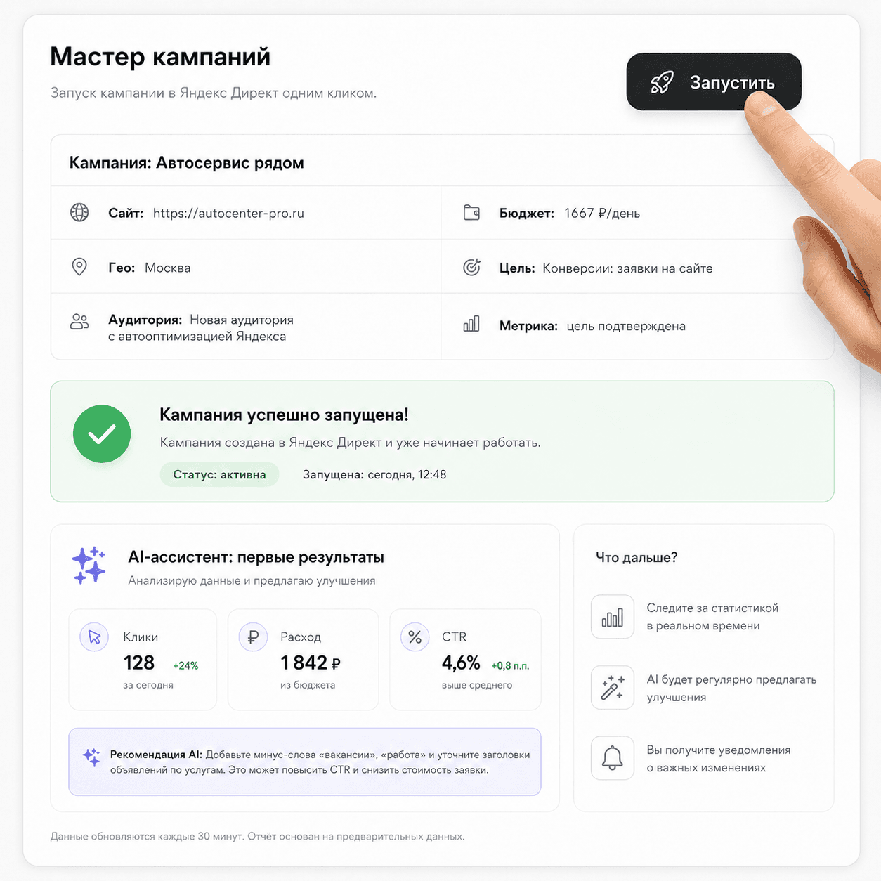 Экран успешного запуска рекламной кампании и первых результатов